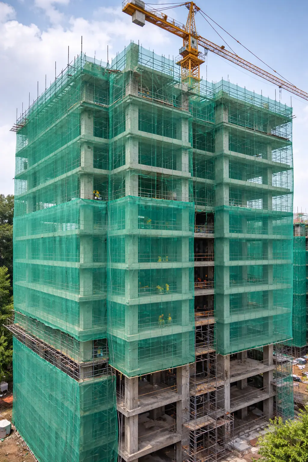 Heavy duty green debris netting and fall arrest safety nets suspended around building construction framework columns - AJ Safe Net Solutions